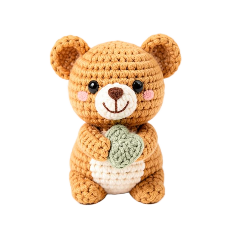 Gehäkelter Teddybär mit salbeigrünem Wollherz