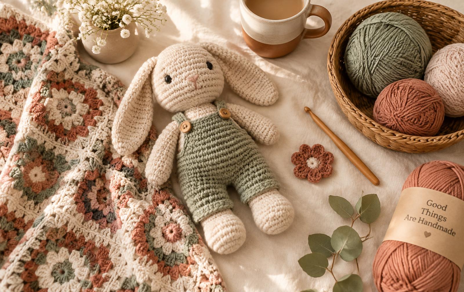 Handgehäkelte Produkte: Hase, Decke und Wollknäuel auf Leinen